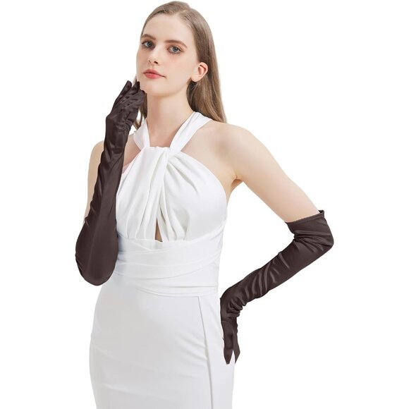 Women's Brown Long Imported Satin Elbow Length Halloween Cosplay Opera Gloves - Picture 6 of 7